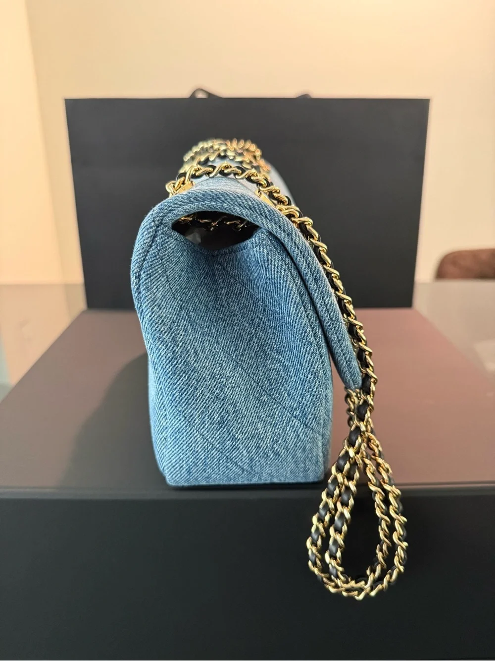 CHANEL Light Blue Denim Quilted Flap Shoulder Bag with Gold Hardware